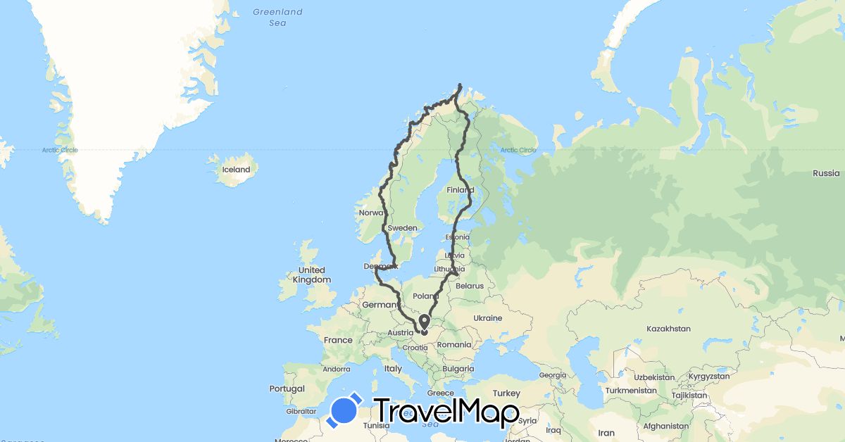 TravelMap itinerary: motorbike in Germany, Denmark, Hungary, Norway (Europe)